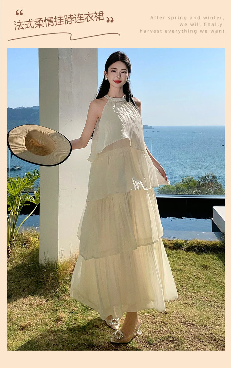 Vintage Women Beige Elegant Off Shoulder Evening Party Dress Summer Sleeveless Vacation Pleated Halter Cake Long Sundress Simple