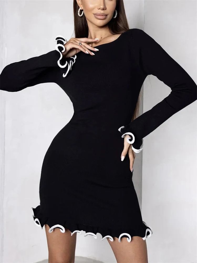 TARUXY Spring New Knitted Mini Dress For Women Fungus Contrast Color Slim Sweater Dress Elegant Female Party Clothes Long Sleeve