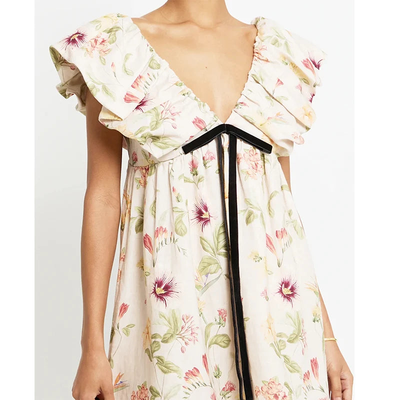 Women Vintage y2k Fairy Floral Print Mini Dress Boho V Neck Puff Sleeve Short Dress Bow Tie Flowy Dress Beach Holiday Sundress