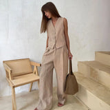 Cotton Linen Blend Vest Wide Leg Pants Suit Spring and Summer Women's Casual Fashion Sleeveless Vest Pleated Low Waist Pants Set