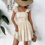 Elegant Women Summer Lace Floral Patchwork Corset Mini Dress Sleeveless Square Neck Tie-up Short Tank A-line Flowy Party Dress