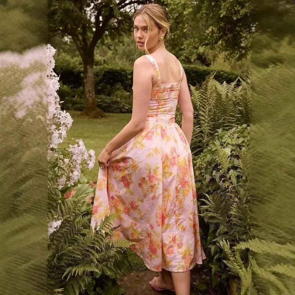 SAW Independent Station Pure Desire Square Collar Dress with Pocket Pink Print Ribbon Corduroy Sleeveless Women's Dress