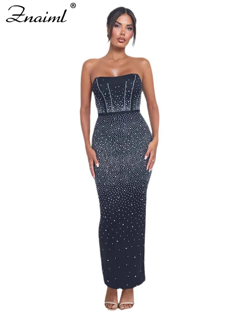 Znaiml Black Off Shoulder Sleeveless Luxury Rhinestones Bodycon Back Split Dresses Womens Clothing Slim Birthday Evening Vestido