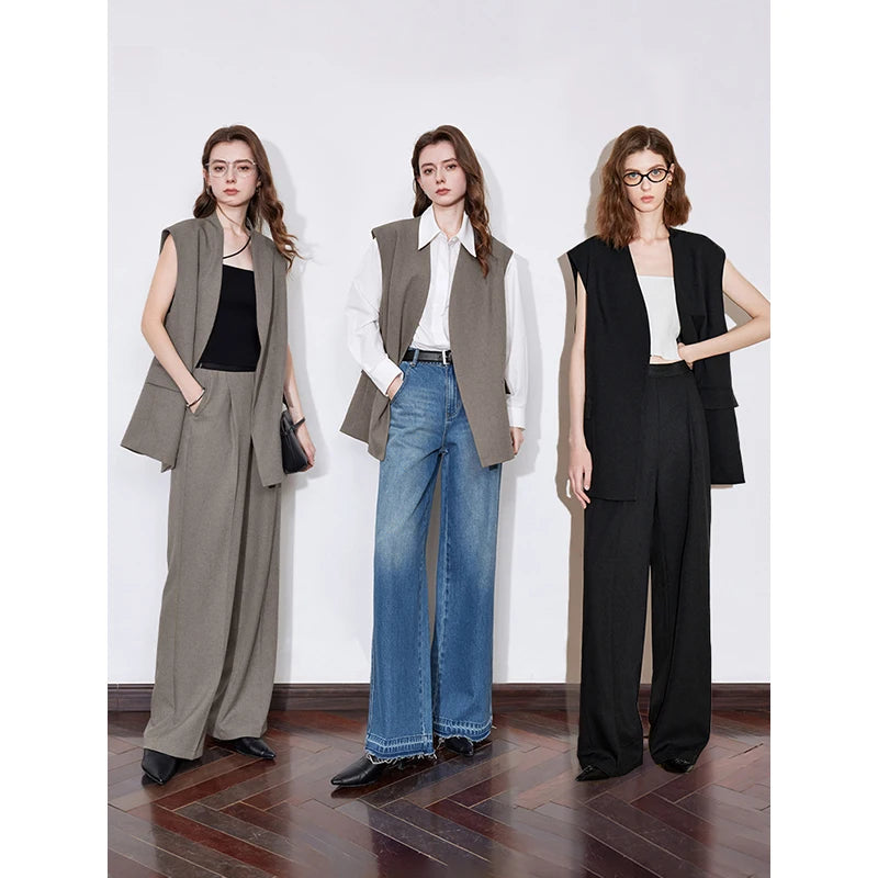 TOYOUTH Women Blazer 2025 Spring New Old Money Style Back Split Mid Length Sleeveless Elegant OL Workwear Jacket