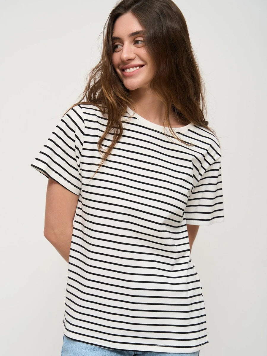 Wolfeel Summer Short Sleeve Striped T-Shirts Women Knitted Basic Casual Tops Female Cozy Loose Cotton Tees