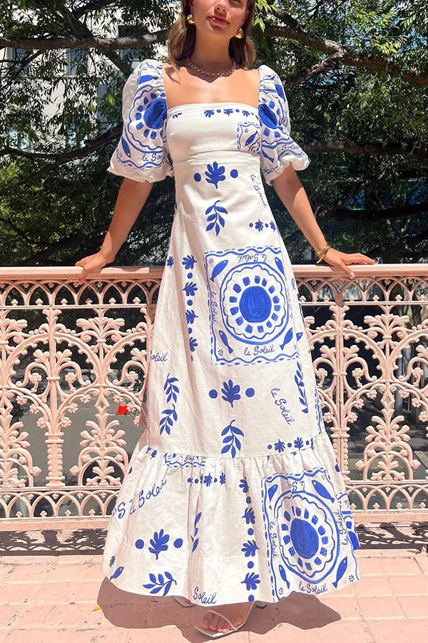 Fashion Square Collar Printed Long Dress Women Elegant Casual Short Puff Sleeved Dresses 2024 Summer Chic Female Vacation Robes