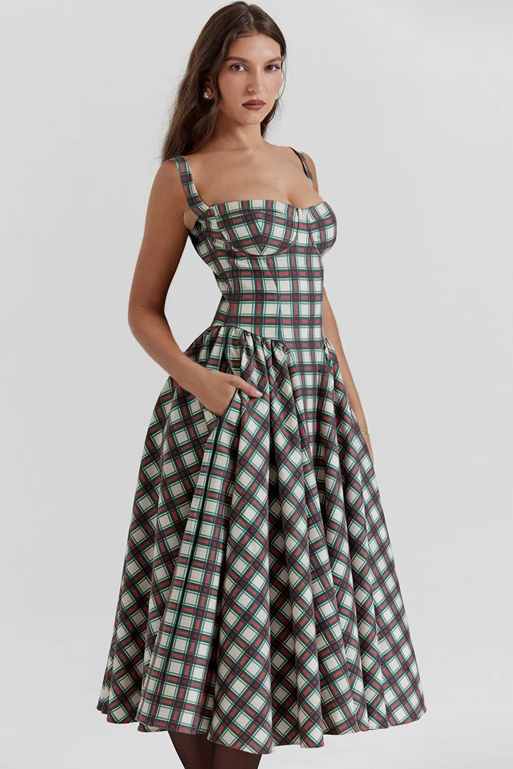 Women's French Style Long Dress with Solid/Floral/Checkered Multi Color Options Knee-Length Dress 2025 New Arrival