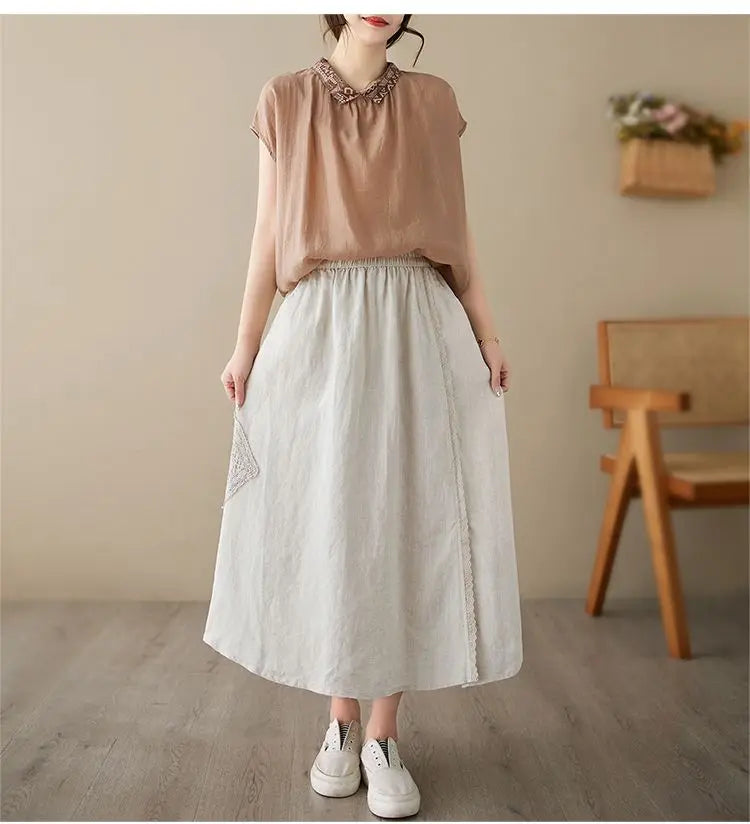High Waist Casual Embroidery Skirts Women New Arrival 2024 Summer Vintage Style Solid Cotton Linen Female A-line Long Skirt