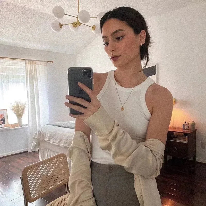 (High Quality)2025 Women Tops Racer Vest Women Solid Color All-match Elastic Cotton Espera Base Vest LUXURY Nordic Style Casual