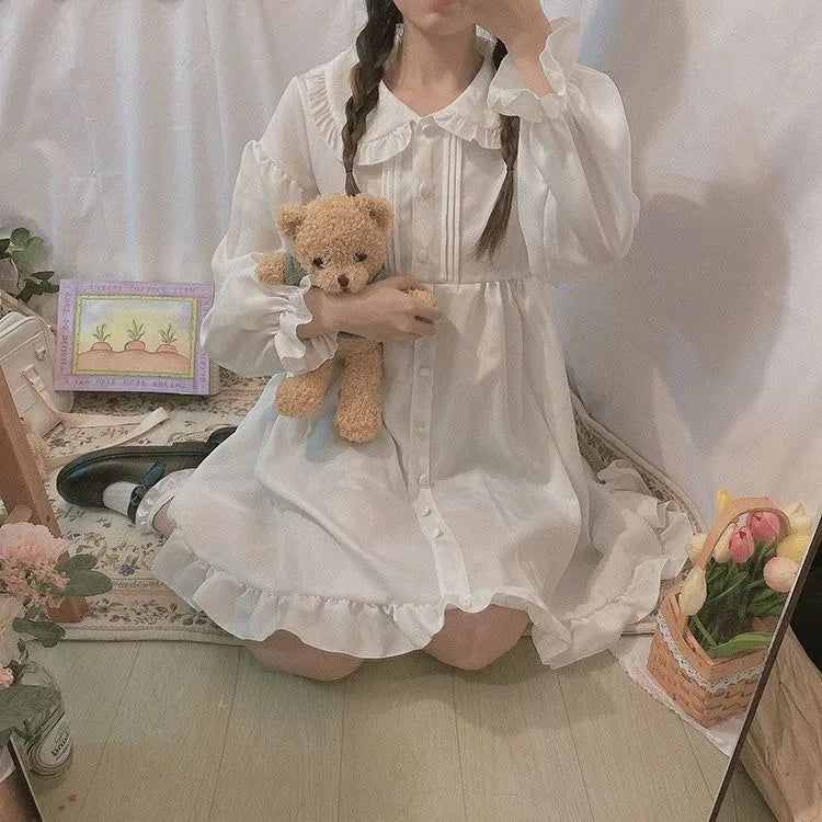 Women's Summer Spring Dress White Black Long Sleeves Lolita Dresses Ruffles Peter Pan Collar Preppy Style Princess Fairy Cute