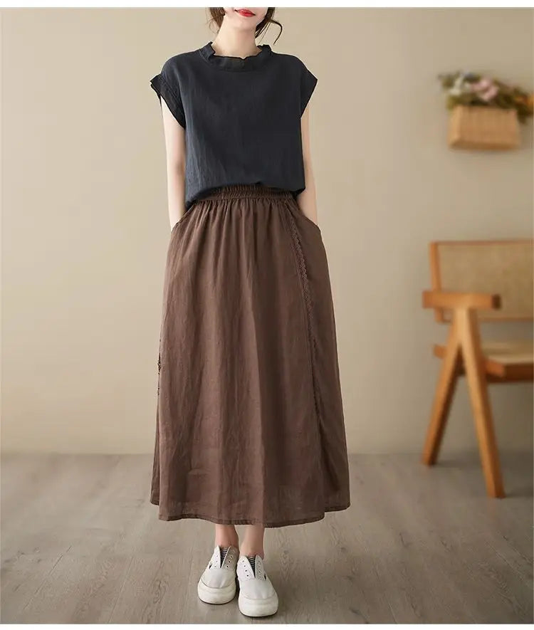 High Waist Casual Embroidery Skirts Women New Arrival 2024 Summer Vintage Style Solid Cotton Linen Female A-line Long Skirt