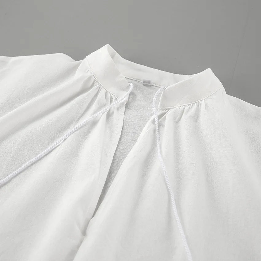 Tuularose White V-neck Shorts Set 2025 Summer Patchwork Lacing Cotton Linen Loose Women Two Piece Casual Solid Long Sleeve Suit