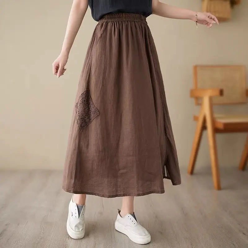 High Waist Casual Embroidery Skirts Women New Arrival 2024 Summer Vintage Style Solid Cotton Linen Female A-line Long Skirt