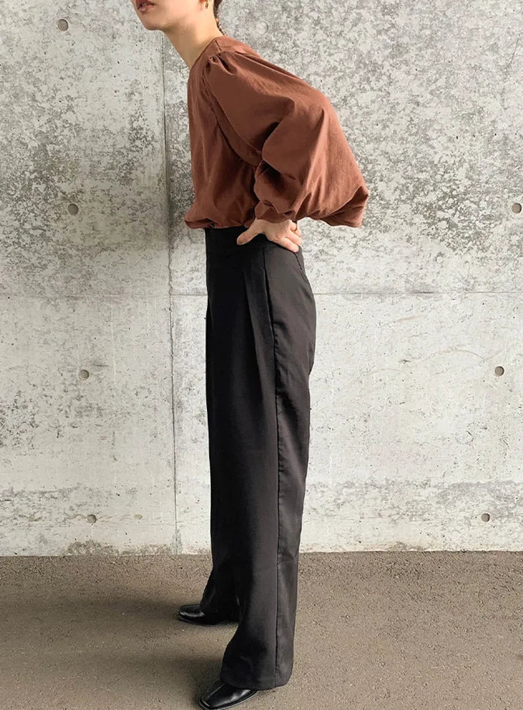 Japan Style Office Lady Elegant Vintage Blouse Women O-neck Loose Lantern Sleeve Shirts Solid All-amtch Blusas Autumn Ladies Top