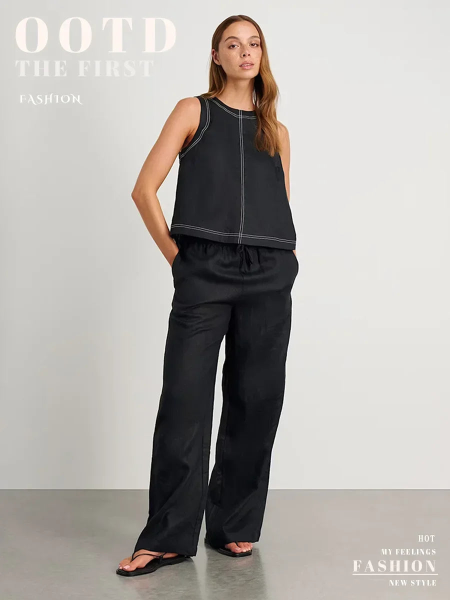 Wolfeel Cotton Linen Vest Wide Leg Long Pants Set Women's Pants Sleeveless Top Casual Suit 2025 Spring Summer New Pant Sets