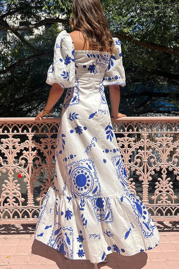 Fashion Square Collar Printed Long Dress Women Elegant Casual Short Puff Sleeved Dresses 2024 Summer Chic Female Vacation Robes