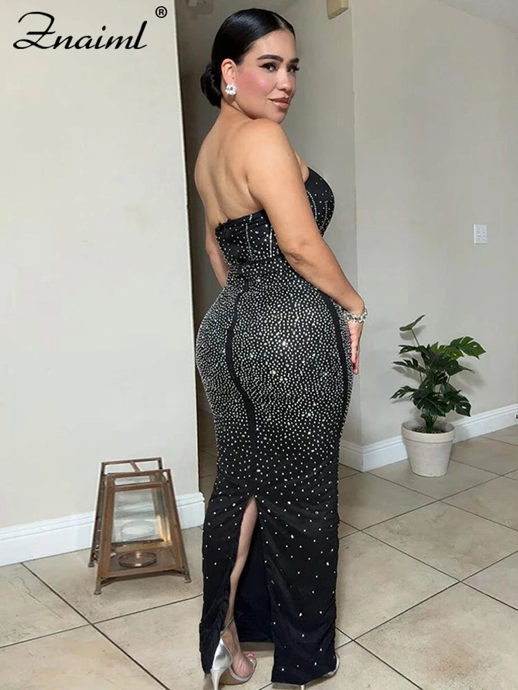 Znaiml Black Off Shoulder Sleeveless Luxury Rhinestones Bodycon Back Split Dresses Womens Clothing Slim Birthday Evening Vestido