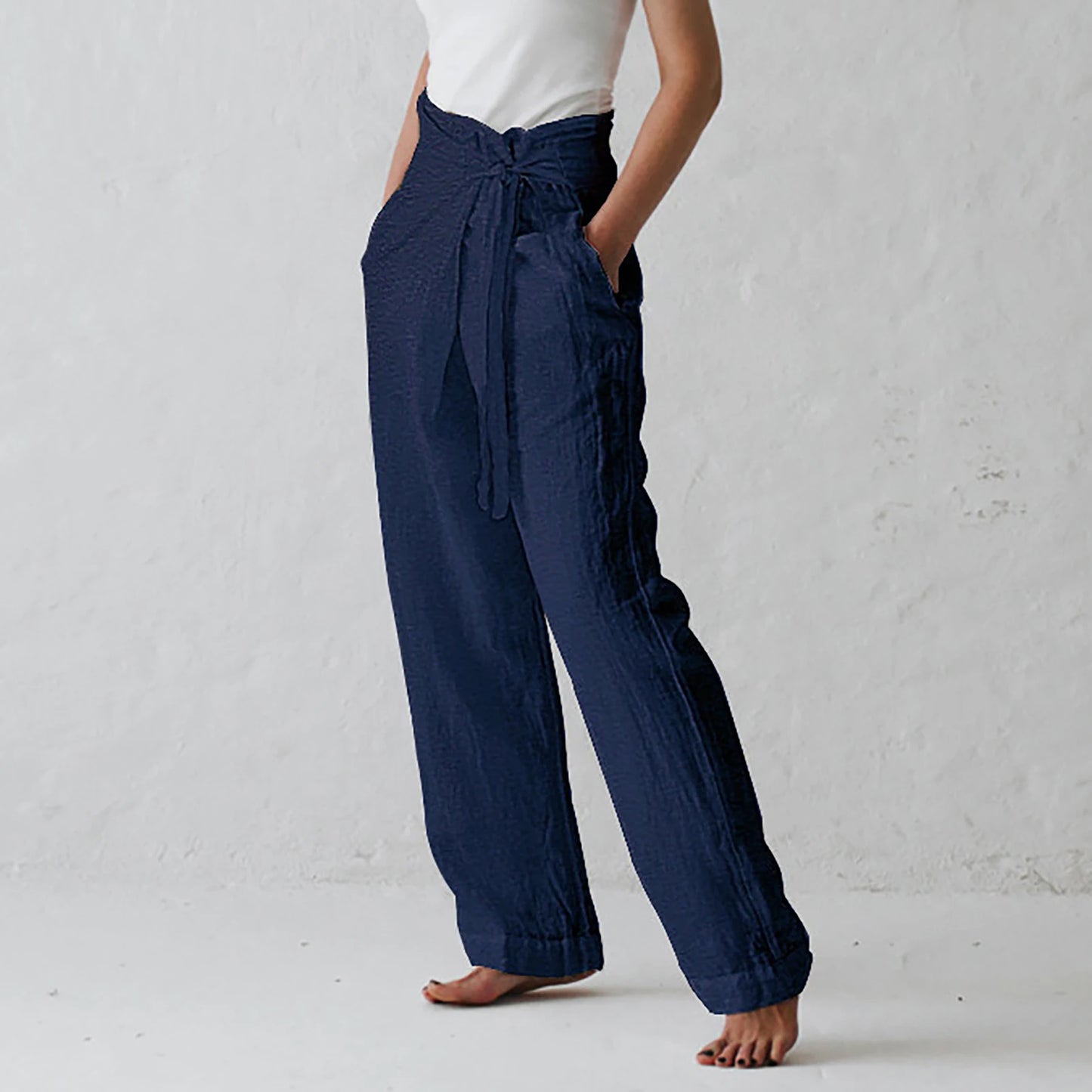 Women Solid Color Elastic Binding Foot Casual Pocket Pants Summer 2024 Elegant Lady Cotton Line High Wasit Women Pants