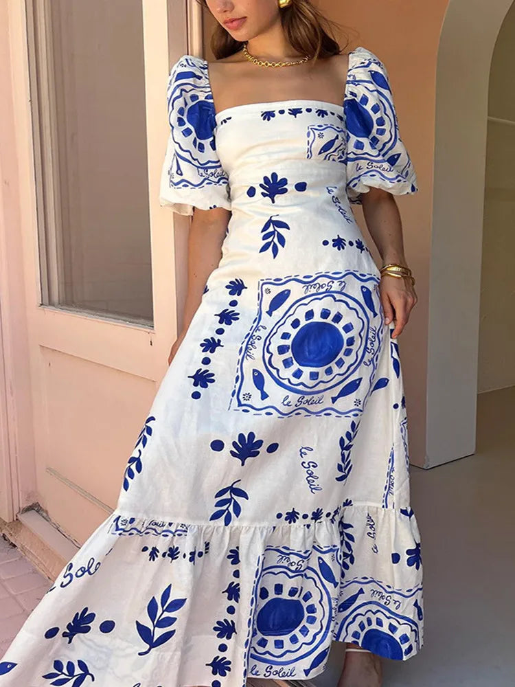 Fashion Square Collar Printed Long Dress Women Elegant Casual Short Puff Sleeved Dresses 2024 Summer Chic Female Vacation Robes