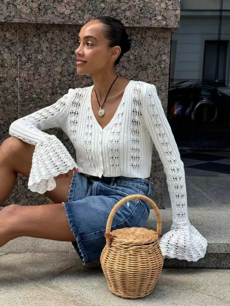 Trendix Summer Knit Long Sleeve Cardigan For Women V Neck Solid Bodycon Hollow Out Short Tops Party Club Slim Vacation Top Femme