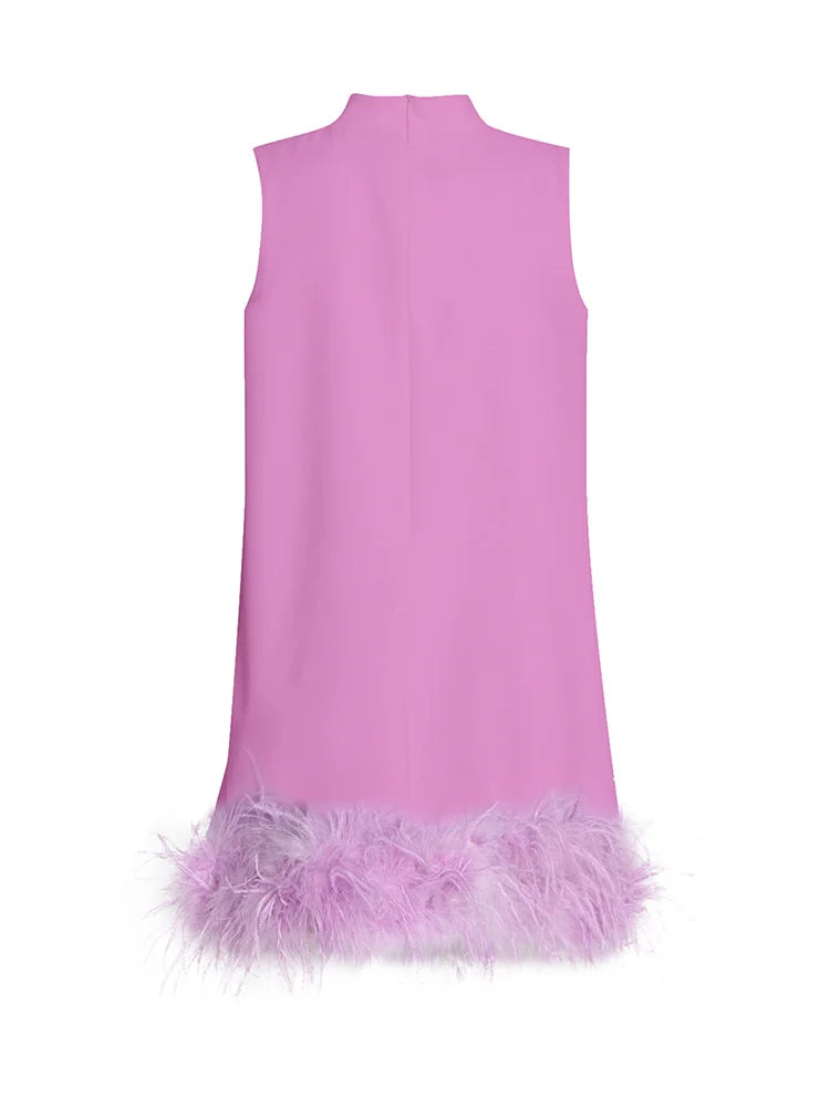 TWOTWINSTYLE Feather Fur Dress For Women O Neck Sleeveless Loose Tassel A Line Dresses Female Streetwear 2022 Summer Fashion New