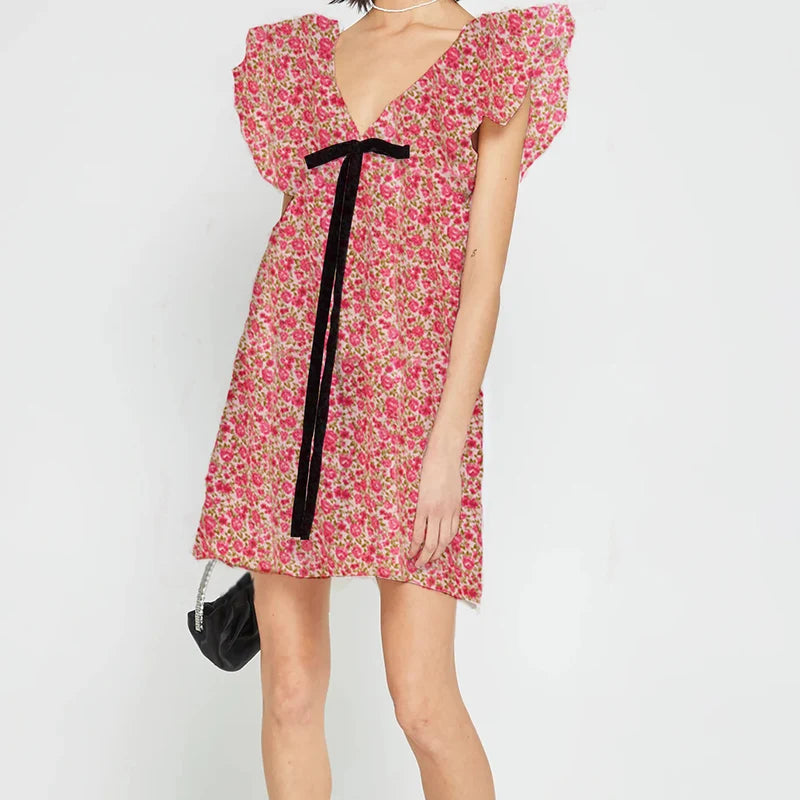 Women Vintage y2k Fairy Floral Print Mini Dress Boho V Neck Puff Sleeve Short Dress Bow Tie Flowy Dress Beach Holiday Sundress