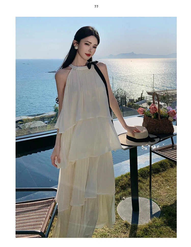 Vintage Women Beige Elegant Off Shoulder Evening Party Dress Summer Sleeveless Vacation Pleated Halter Cake Long Sundress Simple