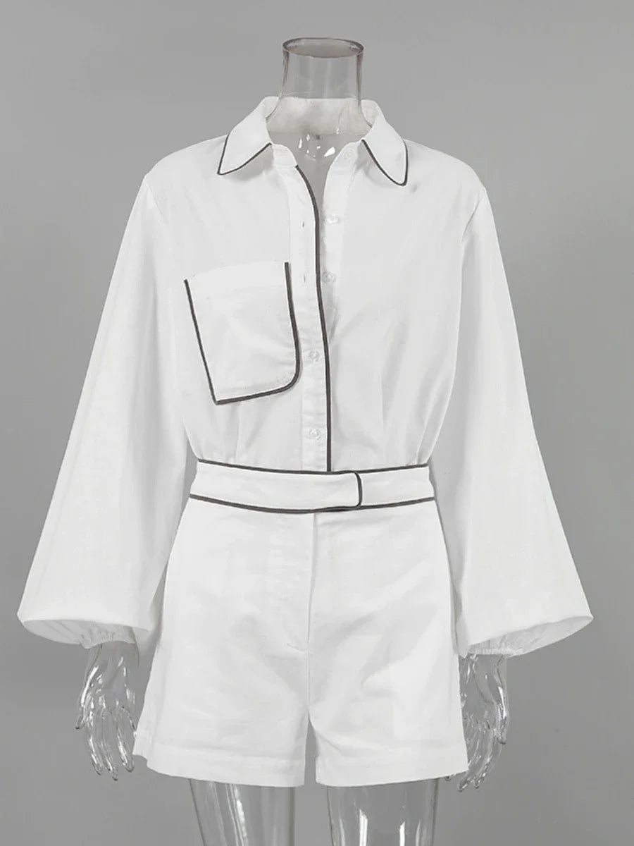 Bornladies 100% Cotton Casual Fashion Long Sleeve Set Summer Women's Pocket Black White Chic Shirt Shorts Loose Two-piece Set