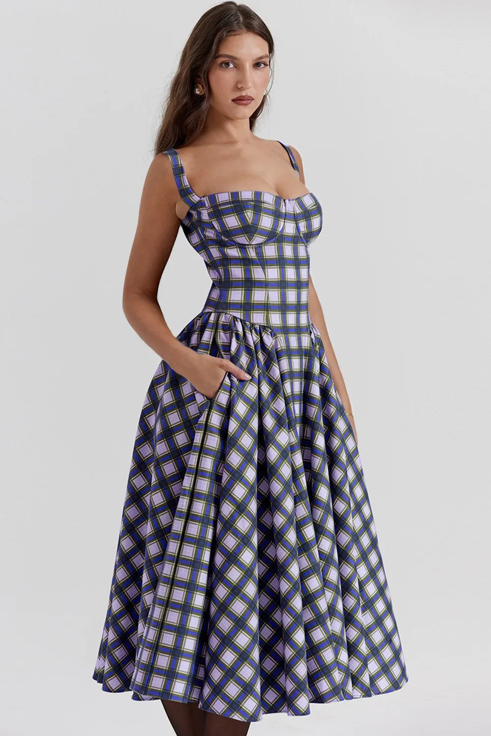 Women's French Style Long Dress with Solid/Floral/Checkered Multi Color Options Knee-Length Dress 2025 New Arrival