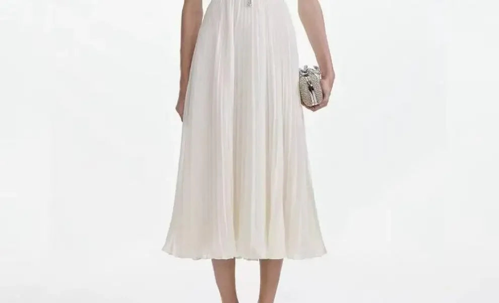 Elegant French Style Dress with Butterfly Knot Waist Cinching Pleated Skirt Cocktail Dress Short Sleeve V Neck Ankle Length