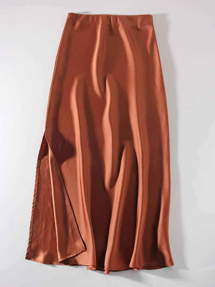 Long Satin Skirts For Women Summer High Quality Skirt With Slit On The Side Silk Elegant Black Maxi Luxury Women's Skirts 2025