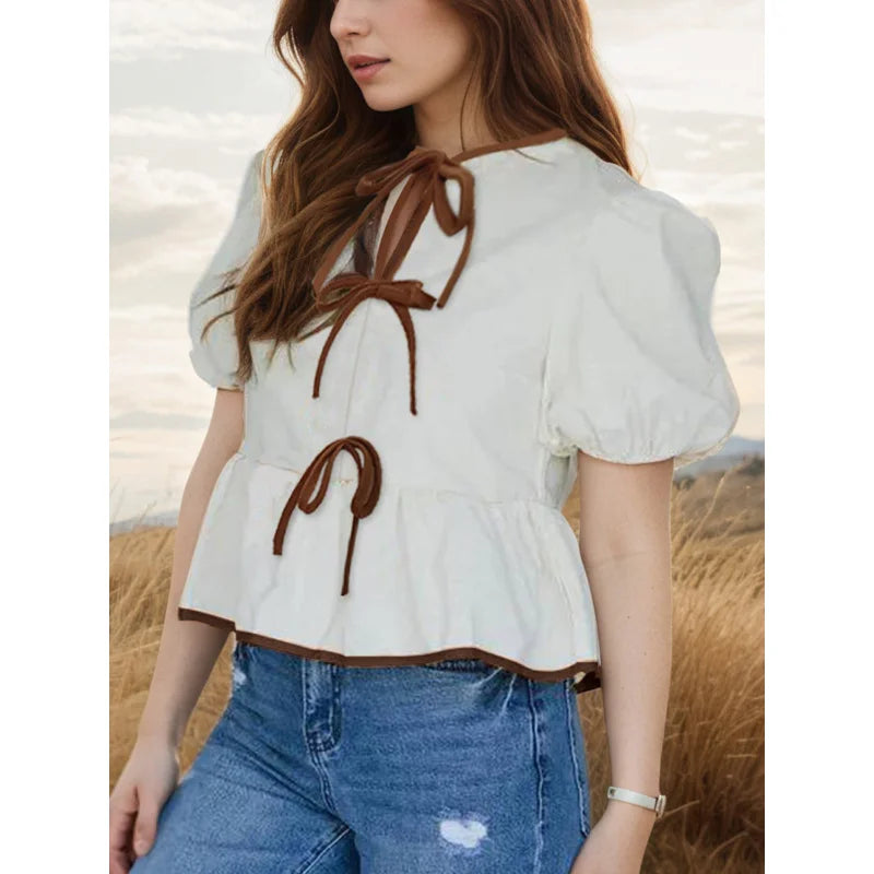 European and american foreign trade women's clothing2025New Women's Retro Bow Design Loose Puff Sleeves Shirt Short Sleeve