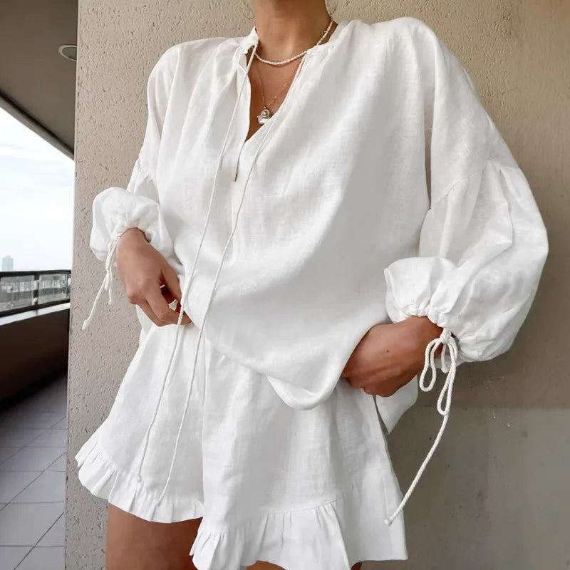 Tuularose White V-neck Shorts Set 2025 Summer Patchwork Lacing Cotton Linen Loose Women Two Piece Casual Solid Long Sleeve Suit