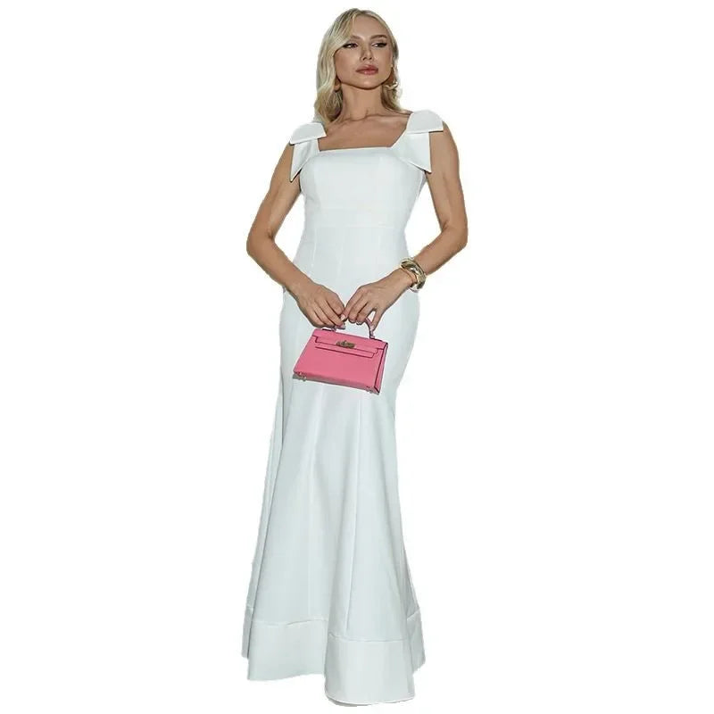 Fashionable Square Collar Butterfly Knot Shoulder Strap Slim Fit Long Dress Cross-Border Women's Spring New Arrival Gown