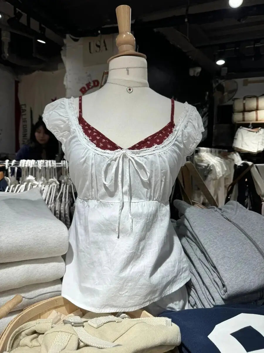 2024 New White Lace Tied Square Neck Summer T-shirts Chic Elegant Short Sleeve Tee Cotton Y2K Street Casual Bow Tie-up Top Women