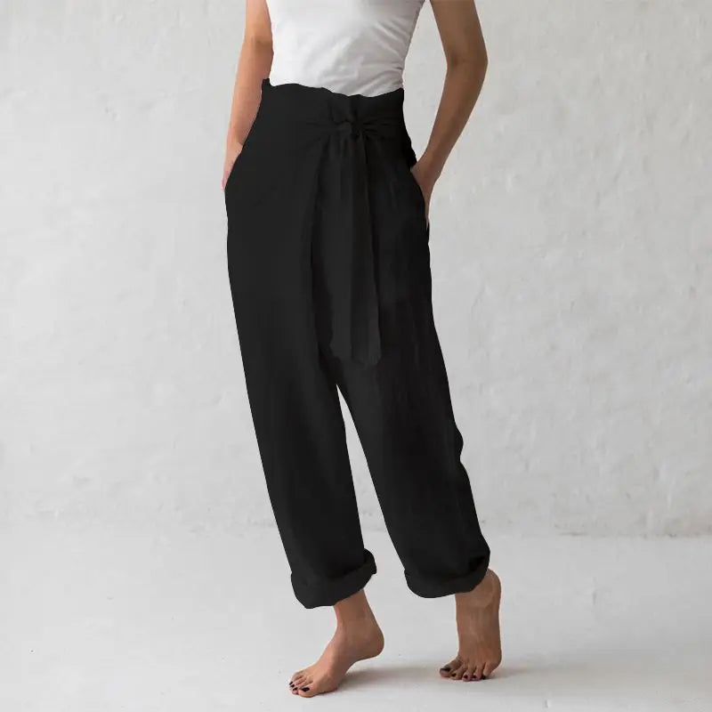 Women Solid Color Elastic Binding Foot Casual Pocket Pants Summer 2024 Elegant Lady Cotton Line High Wasit Women Pants