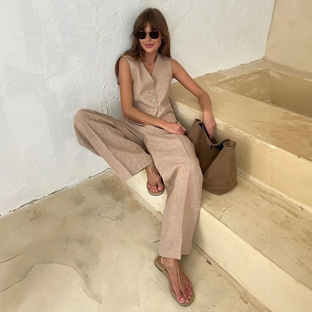 Cotton Linen Blend Vest Wide Leg Pants Suit Spring and Summer Women's Casual Fashion Sleeveless Vest Pleated Low Waist Pants Set