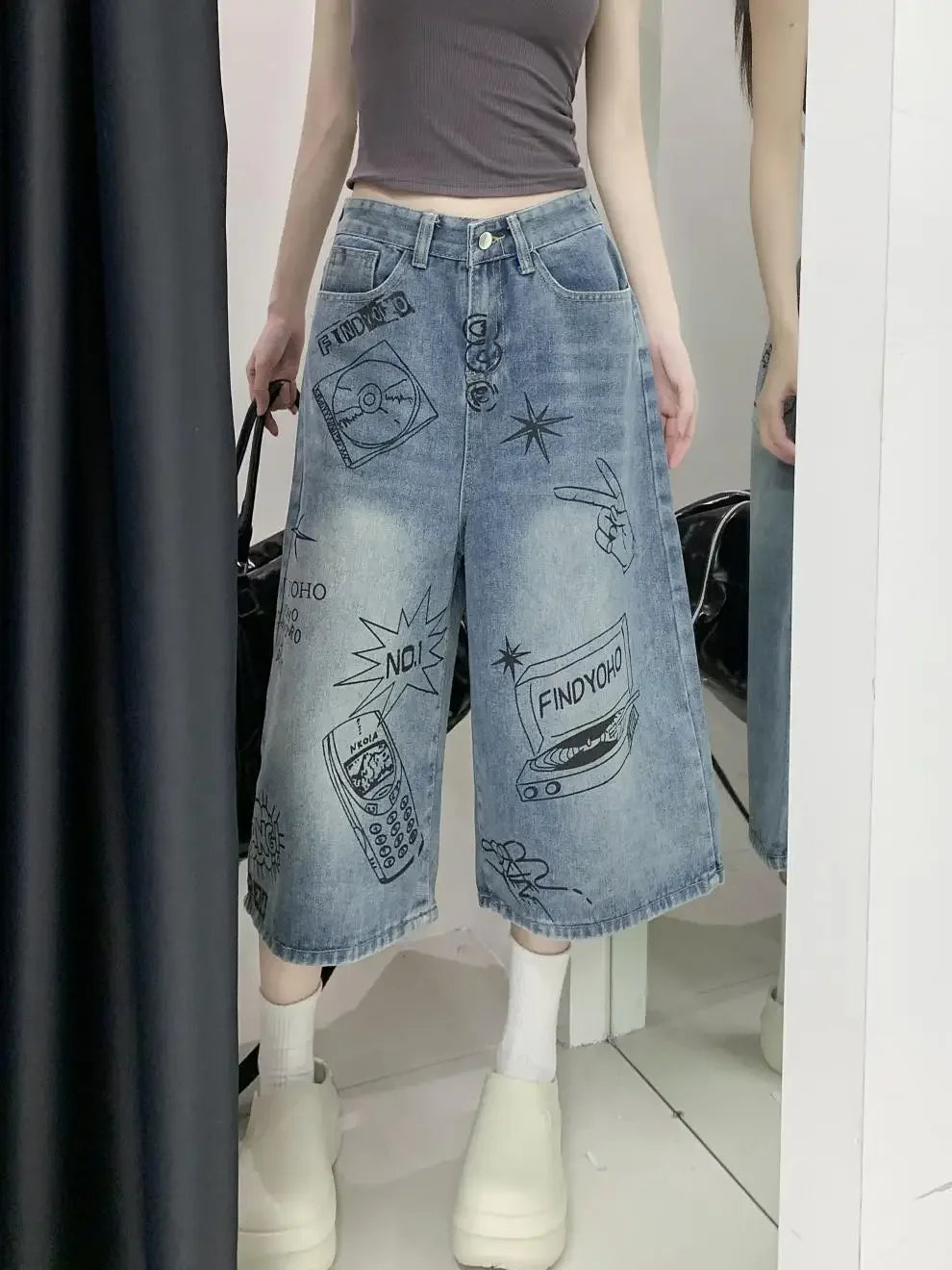 American Style Retro Street Women's Mid-Length Jeans Graffiti Design Loose Straight Cut Shorts Casual Fashionable Denim Shorts