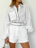Bornladies 100% Cotton Casual Fashion Long Sleeve Set Summer Women's Pocket Black White Chic Shirt Shorts Loose Two-piece Set
