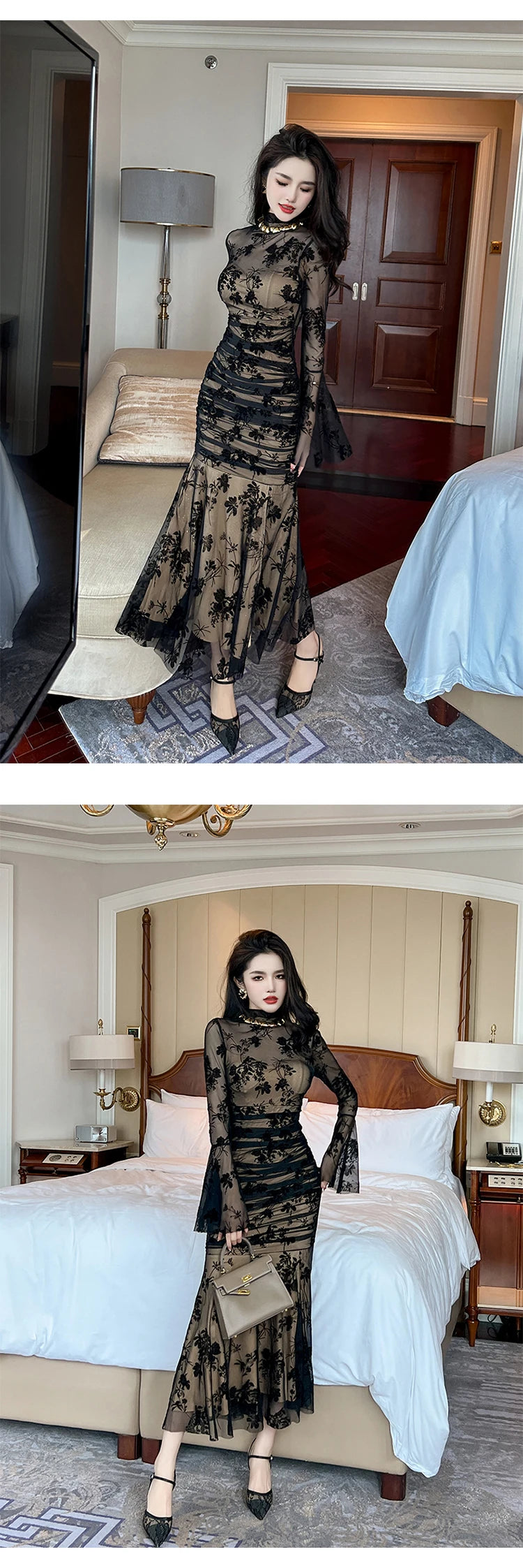 French Elegant Prom Dresses Woman Retro Black Perspective Elastic Mesh Folds Wrap Hip Slit Fishtail Robe Female Party Vestidos