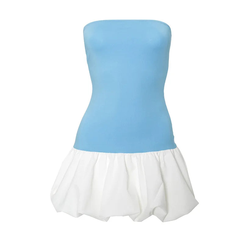 TARUXY Contrast Color Mini Folds Dress For Women Strapless Sexy Slim Sleeveless Ruched Splice Y2K Beach Female Club Party Dress