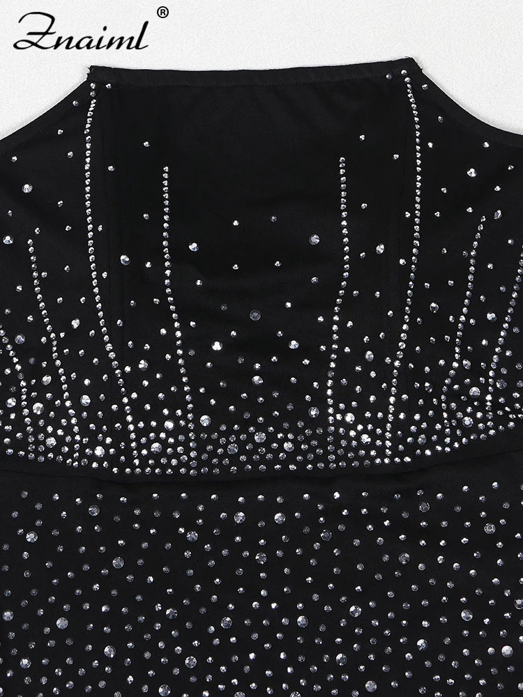 Znaiml Black Off Shoulder Sleeveless Luxury Rhinestones Bodycon Back Split Dresses Womens Clothing Slim Birthday Evening Vestido