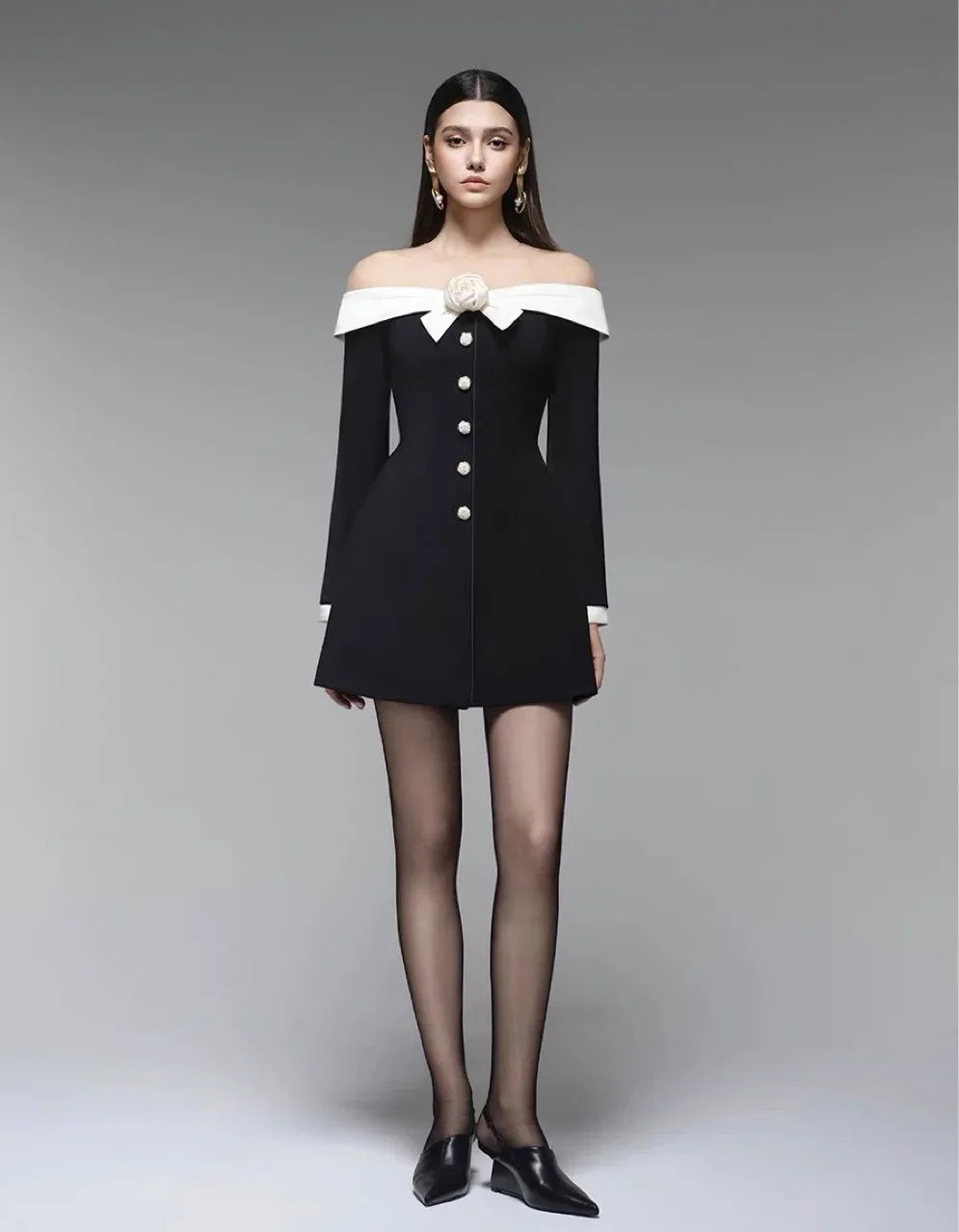 Preorder Hepburn Style Spliced Mini Black Dress French Noble One Shoulder Suit Dress A- Line Skirt Women Polyester Fiber Full Sl