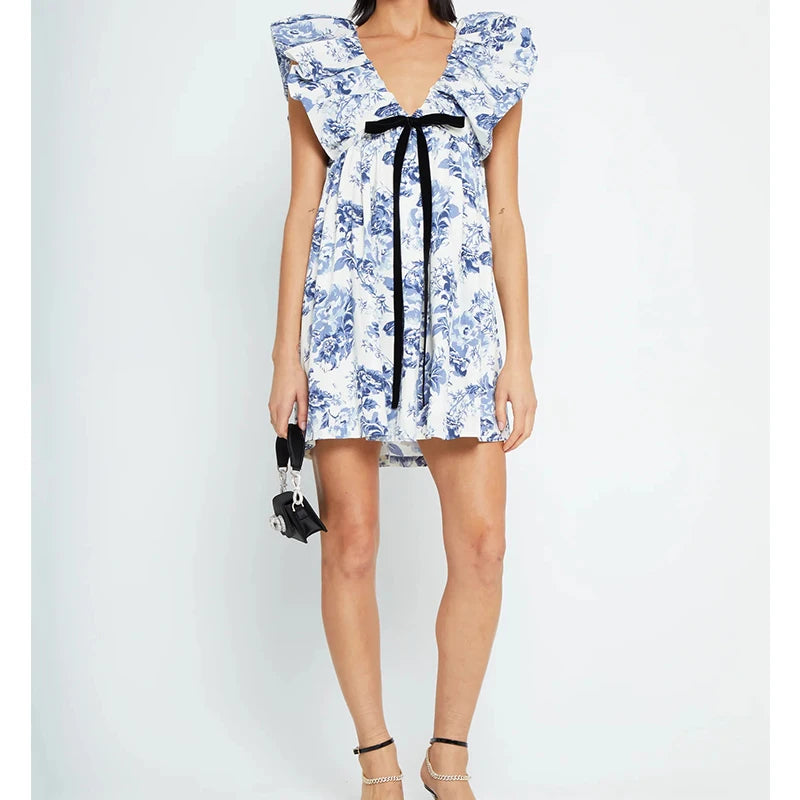 Women Vintage y2k Fairy Floral Print Mini Dress Boho V Neck Puff Sleeve Short Dress Bow Tie Flowy Dress Beach Holiday Sundress
