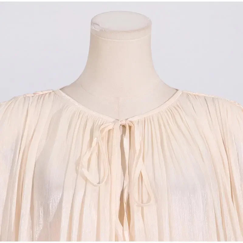 Luxury Elegant Mini Dress For Women V Collar Lace Up Blouse Dresses Long Sleeve Stacked Hem Vestido 2025 New Lady Women Clothing