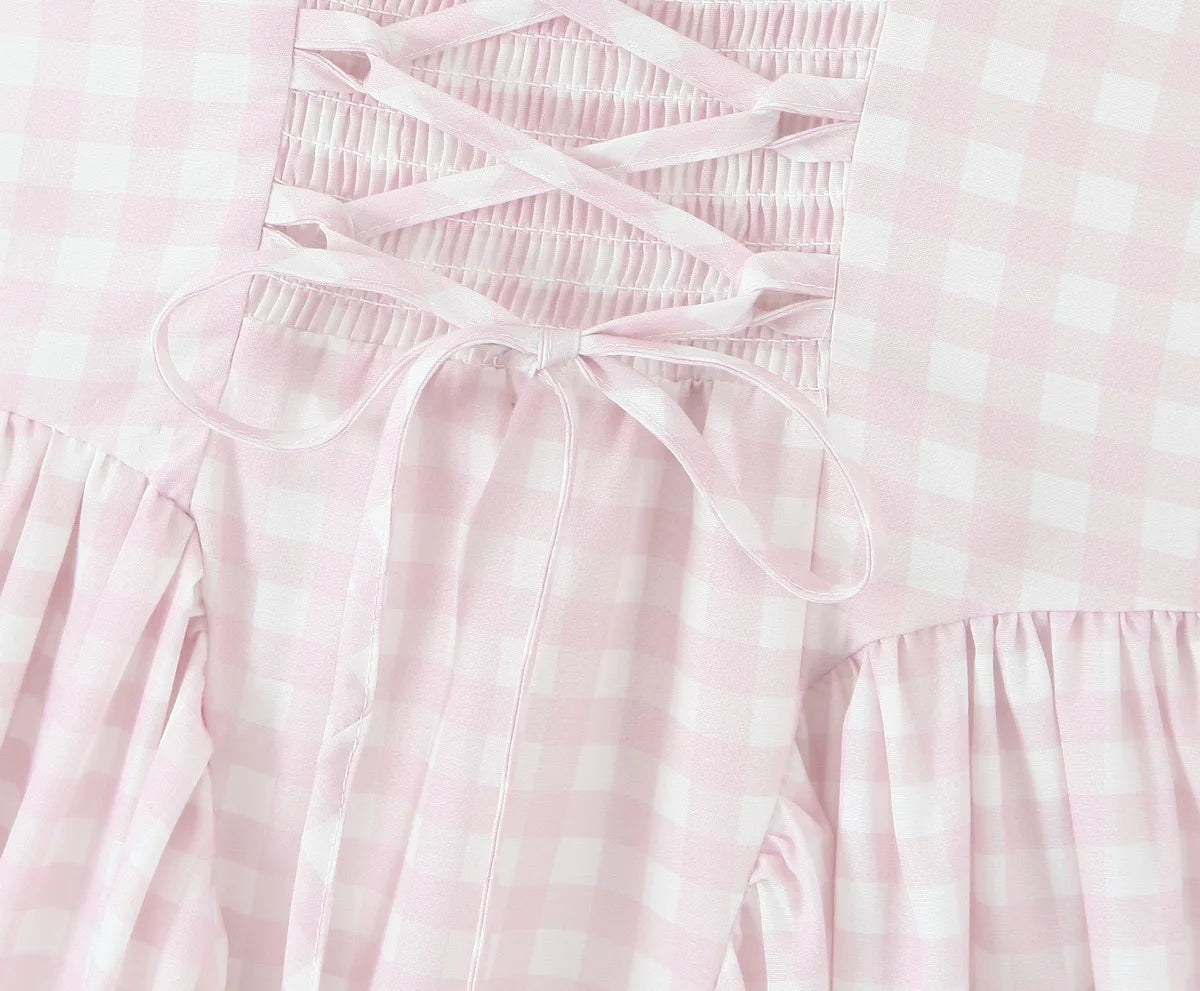 Sexy Sleeveless Elegant Plaid Dress Women Lace Up Back A-line Midi Summer Dresses Party Robe