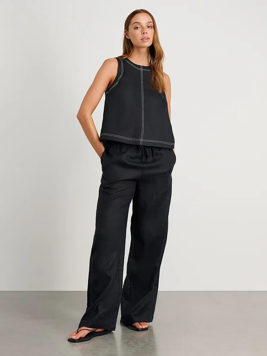 Wolfeel Cotton Linen Vest Wide Leg Long Pants Set Women's Pants Sleeveless Top Casual Suit 2025 Spring Summer New Pant Sets