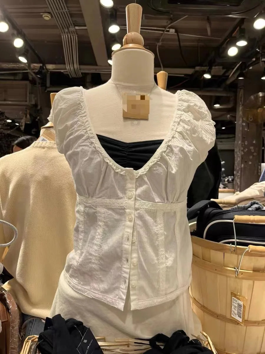 2024 New White Lace Tied Square Neck Summer T-shirts Chic Elegant Short Sleeve Tee Cotton Y2K Street Casual Bow Tie-up Top Women
