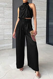 Women's Two Piece Pants Sets Open Navel Outfit Silk Pleated Texture Sleeveless Top Wide Leg Pants Set Summer Matching Sets 2024