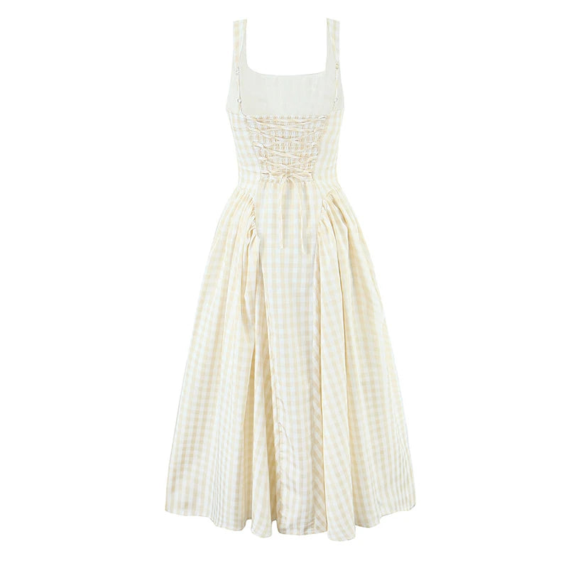 Sexy Sleeveless Elegant Plaid Dress Women Lace Up Back A-line Midi Summer Dresses Party Robe